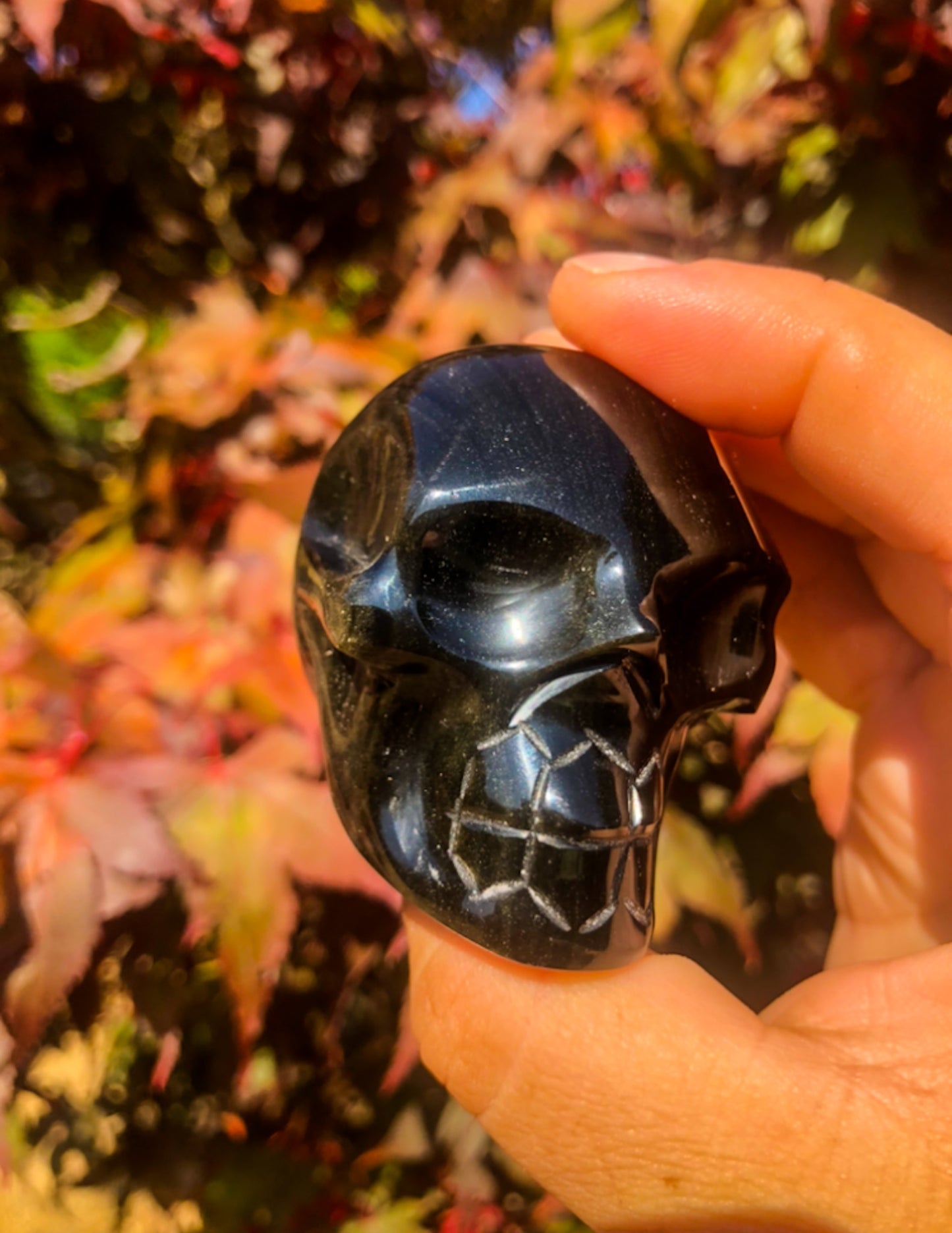 Gold Sheen Obsidian Skull Carving